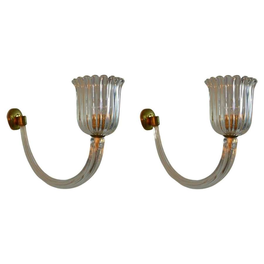 Wall Sconces Murano Glass and Brass 1940's in the Style of Barovier & Toso