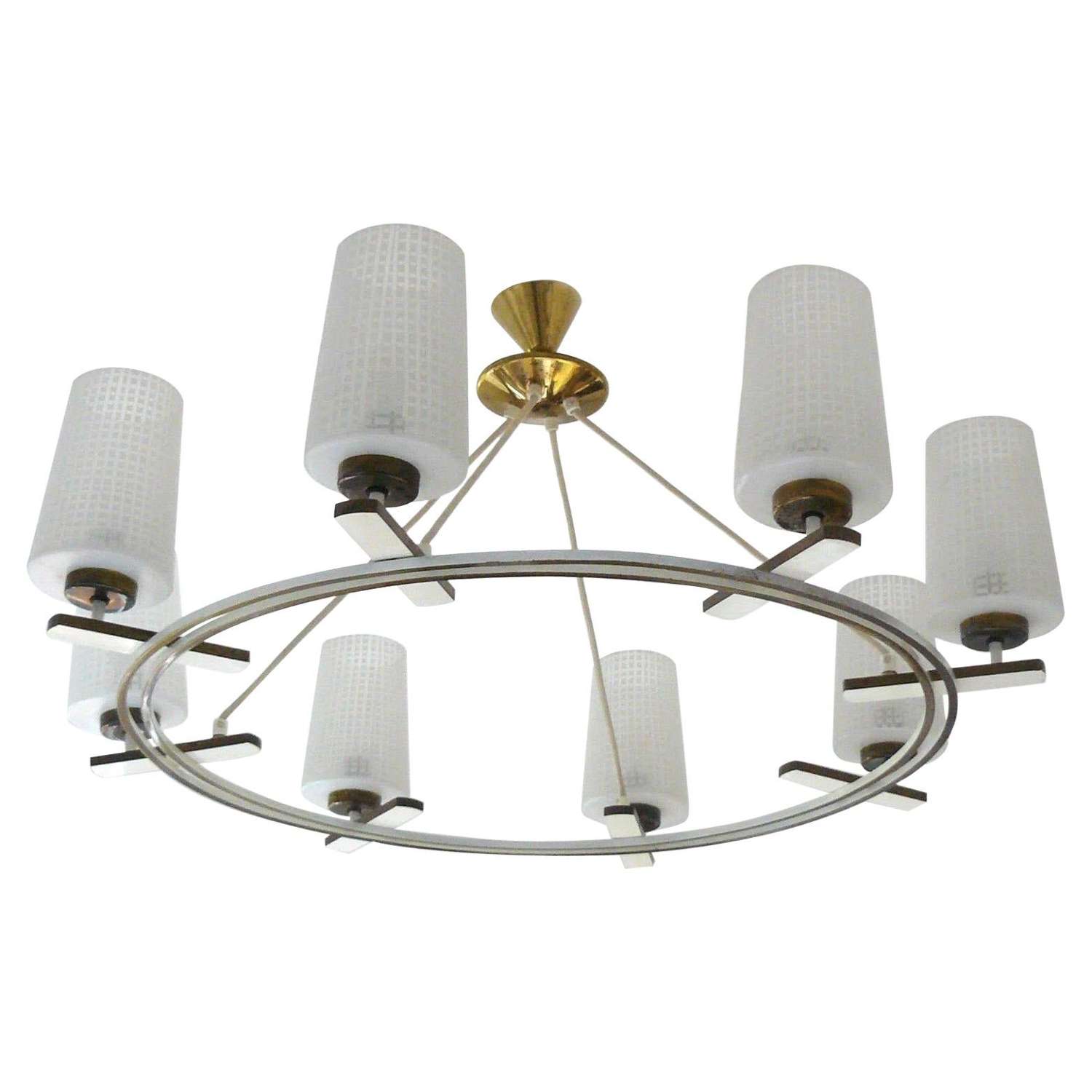 Large 1950's Chandelier with Opalescent Shades on Brass and Cream Frame